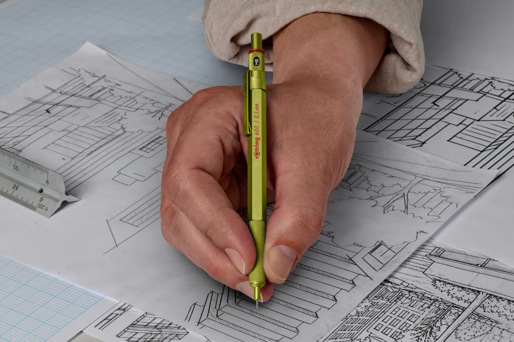 In use, sketching a building (lime) – rOtring 600
